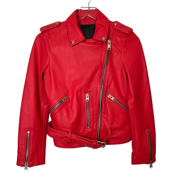 AllSaints Balfern Belted Coral Red Leather Biker Jacket Size 6 - Picture 2 of 16